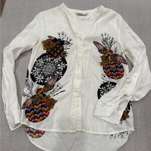 Desigual White Blouse Shirt with Artistic Design Rolled Sleeves